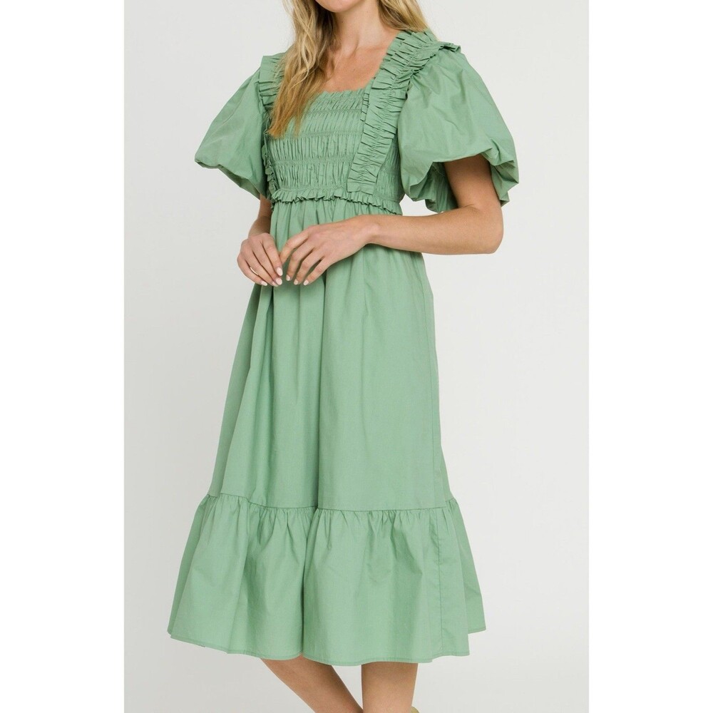 ANTHROPOLOGIE ENGLISH FACTORY Women's SMALL New Midi Dress Smocked Ruffle Green